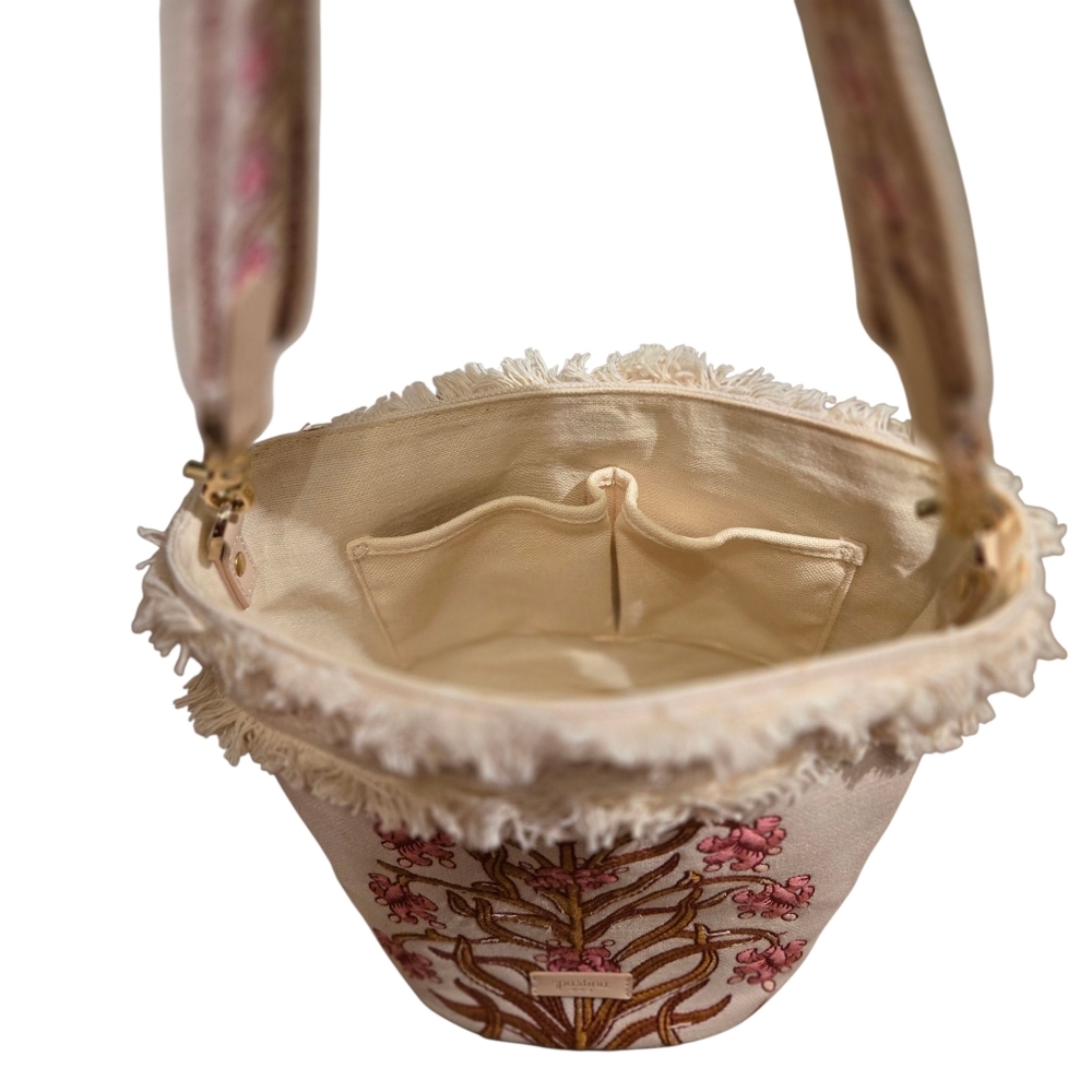 Spartina 449 Pepper Hall Woodblock Embroidered Pink Floral Bucket Handbag Purse - Picture 2 of 14